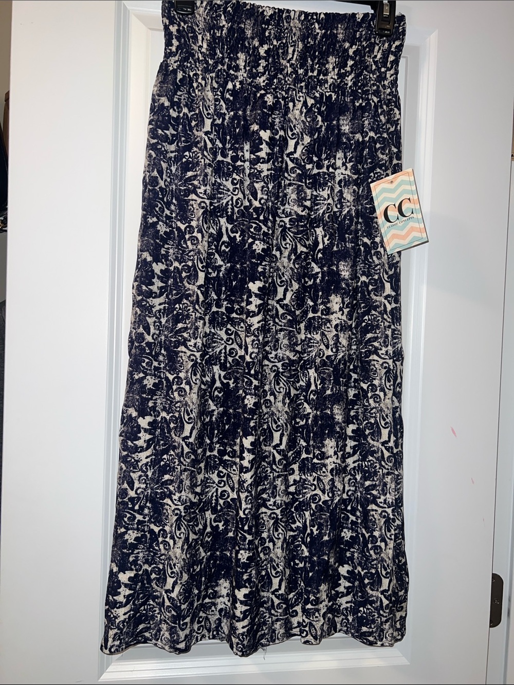 CC Navy and White Printed Smocked-Waist Maxi Skirt